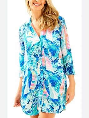 HTF 🌴 Lilly Pulitzer Emerald Beach Cover-Up Tunic "Hey Bay Bay" XS *EUC*